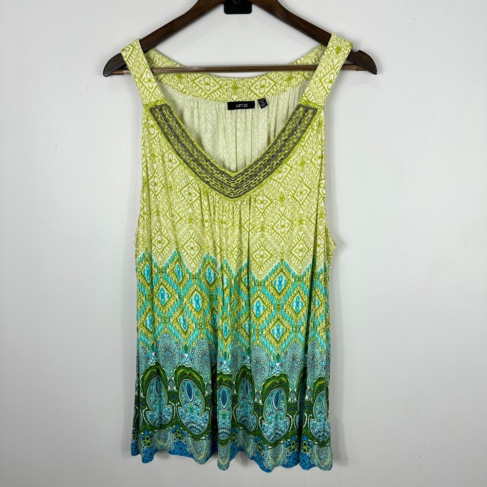 Apt‎ 9 Sleeveless Top Womens Plus 2X Yellow Green Geometric Beaded Boho Festival